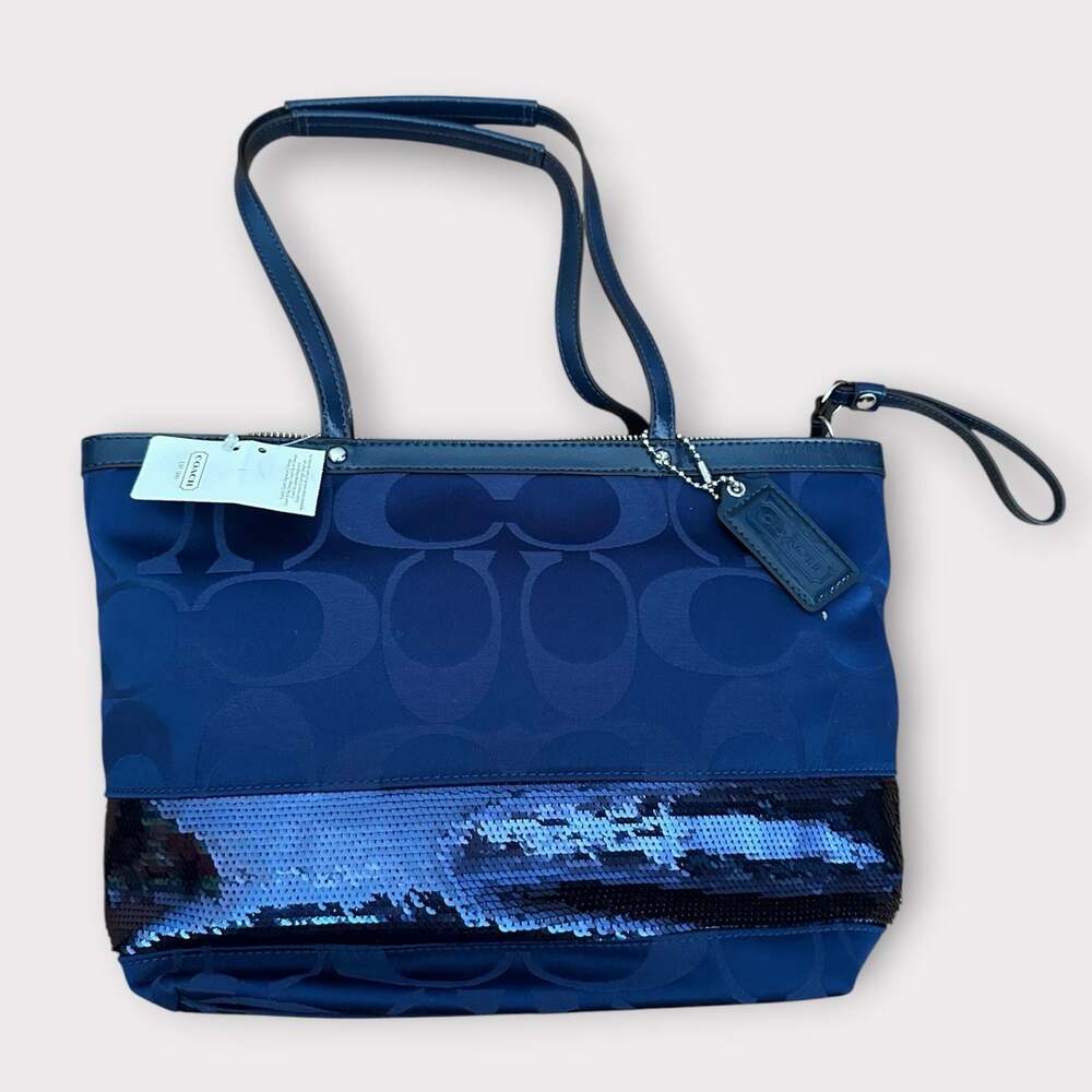 Coach F17574 Blue Signature Sateen Sequin Stripe Tote Bag NWT Read Details